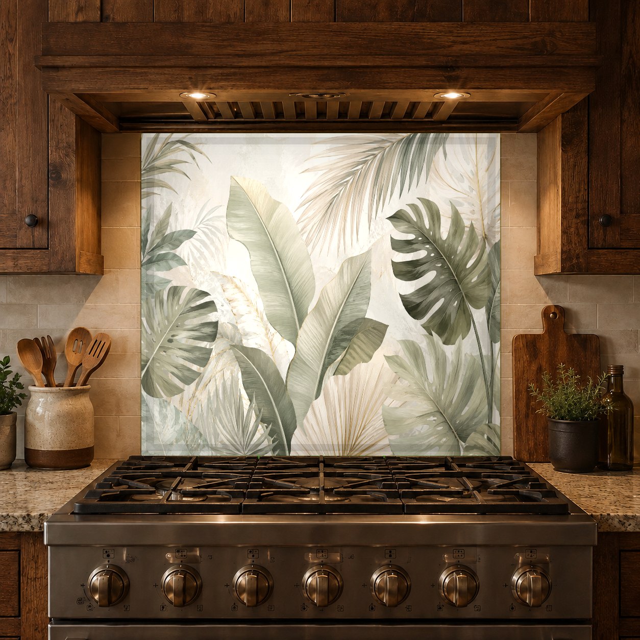 Minimal green glass backsplash protecting the kitchen prep station with a high-gloss finish