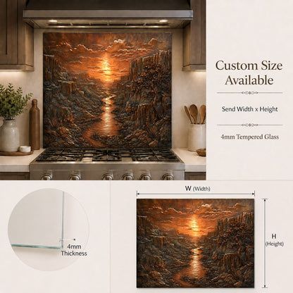 Heat-resistant tempered glass backsplash with a rustic canyon design behind a stove in a luxury kitchen.
