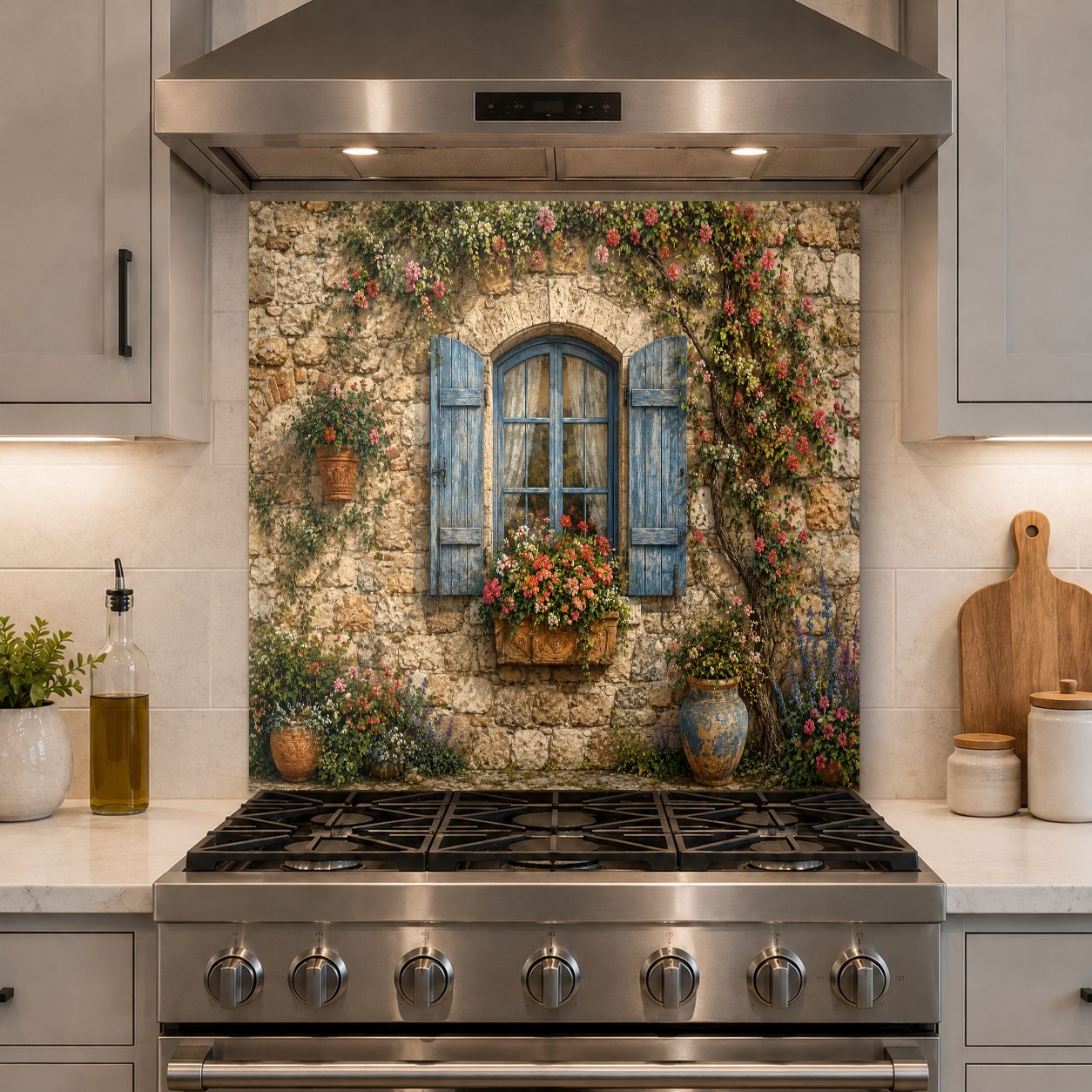 High gloss rustic window kitchen backsplash panel reflecting soft light behind a professional stove