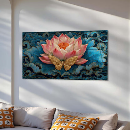 Decorative wall art with a pink lotus flower and gold butterfly on a blue background, displayed above a sofa.