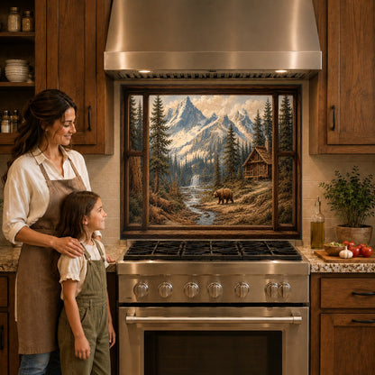 Wildlife kitchen backsplash panel featuring a bear design mounted behind a gas cooktop