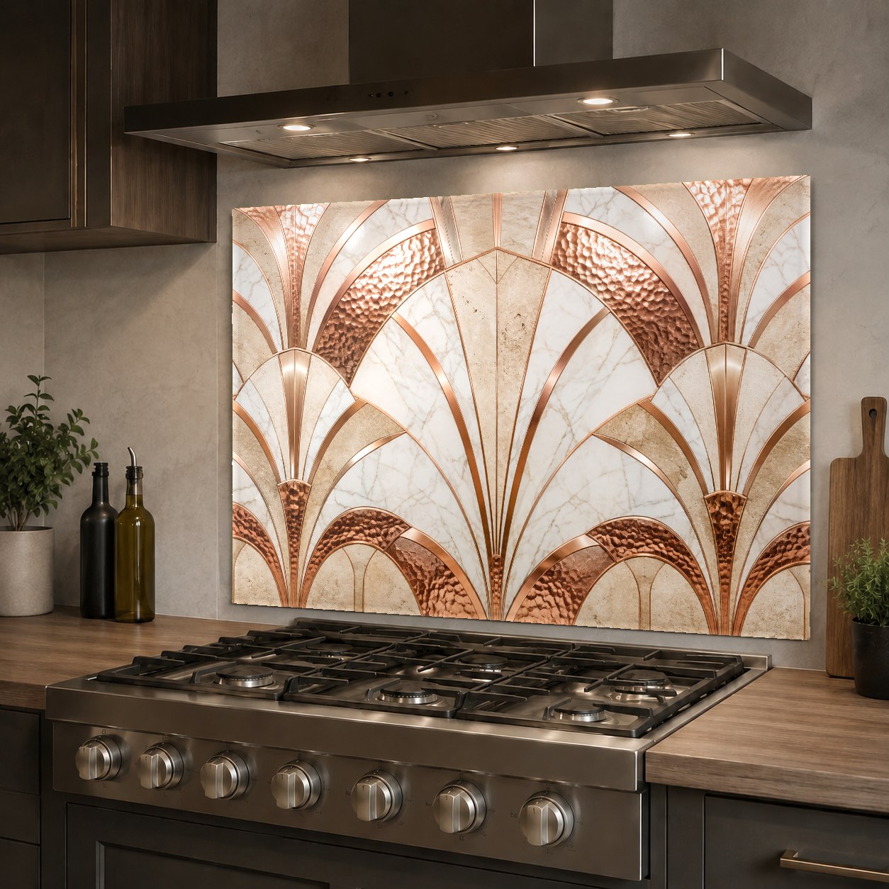 Tempered glass kitchen backsplash with a copper design featured in a modern kitchen island setup