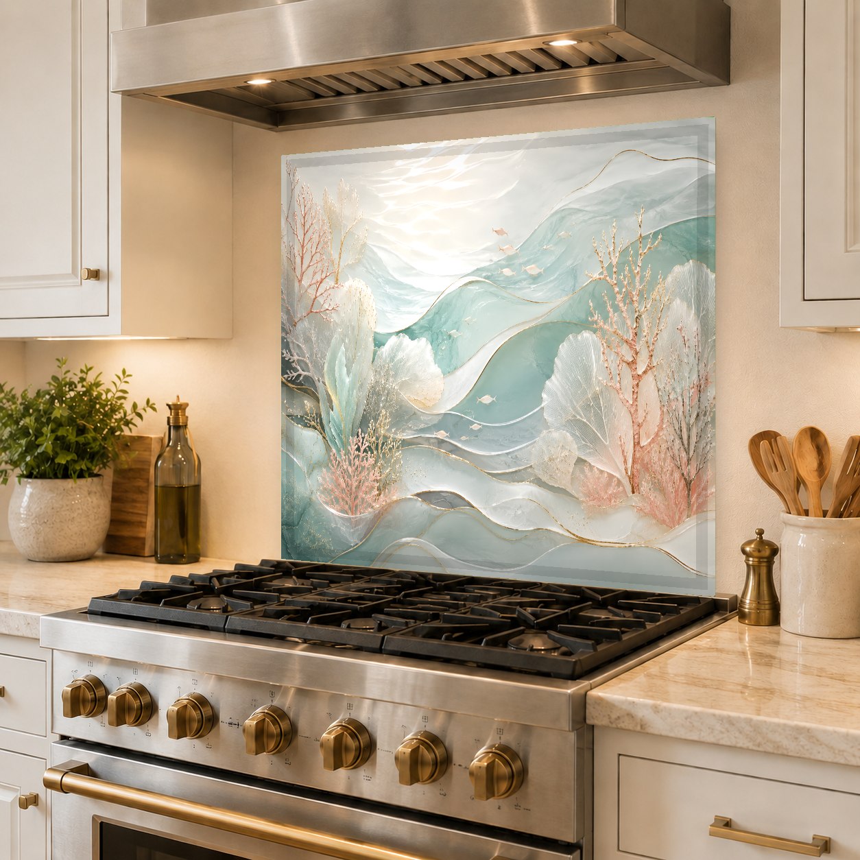 Modern coastal glass backsplash panel reflecting natural kitchen light