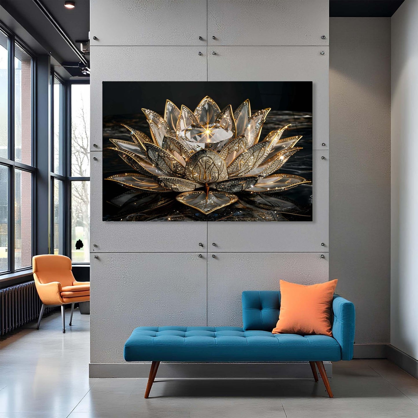 Modern living room with a blue sofa, orange chair, and decorative wall art of a silver flower.