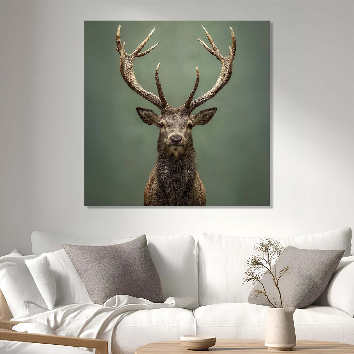 Framed picture of a deer with large antlers on a wall above a white sofa.