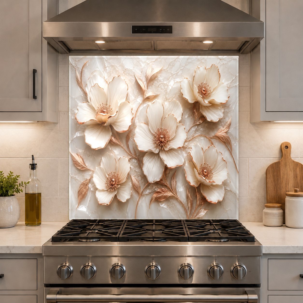 Home bar area with a glowing floral copper tempered glass backsplash reflecting warm ambient lighting.