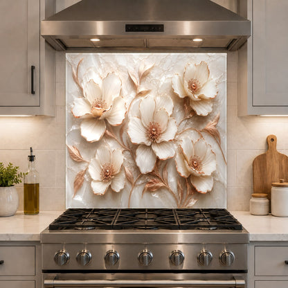 Home bar area with a glowing floral copper tempered glass backsplash reflecting warm ambient lighting.