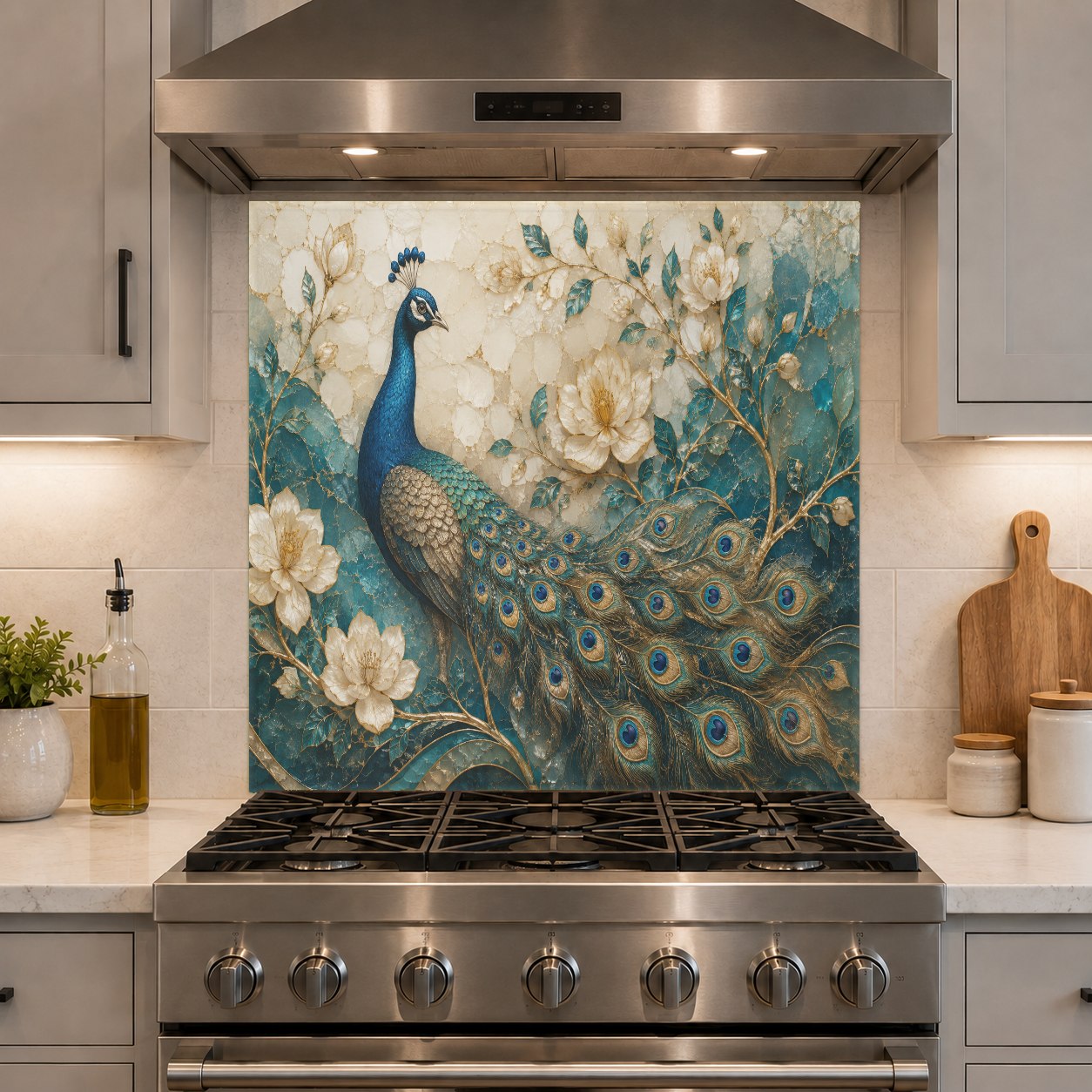 Luxury kitchen bar area accented with a rich peacock feather pattern glass backsplash.