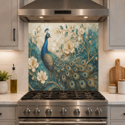 Luxury kitchen bar area accented with a rich peacock feather pattern glass backsplash.