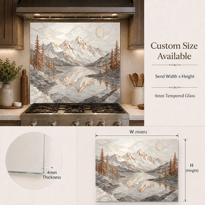 An elegant home bar area enhanced with a metallic-look copper lake tempered glass backsplash.