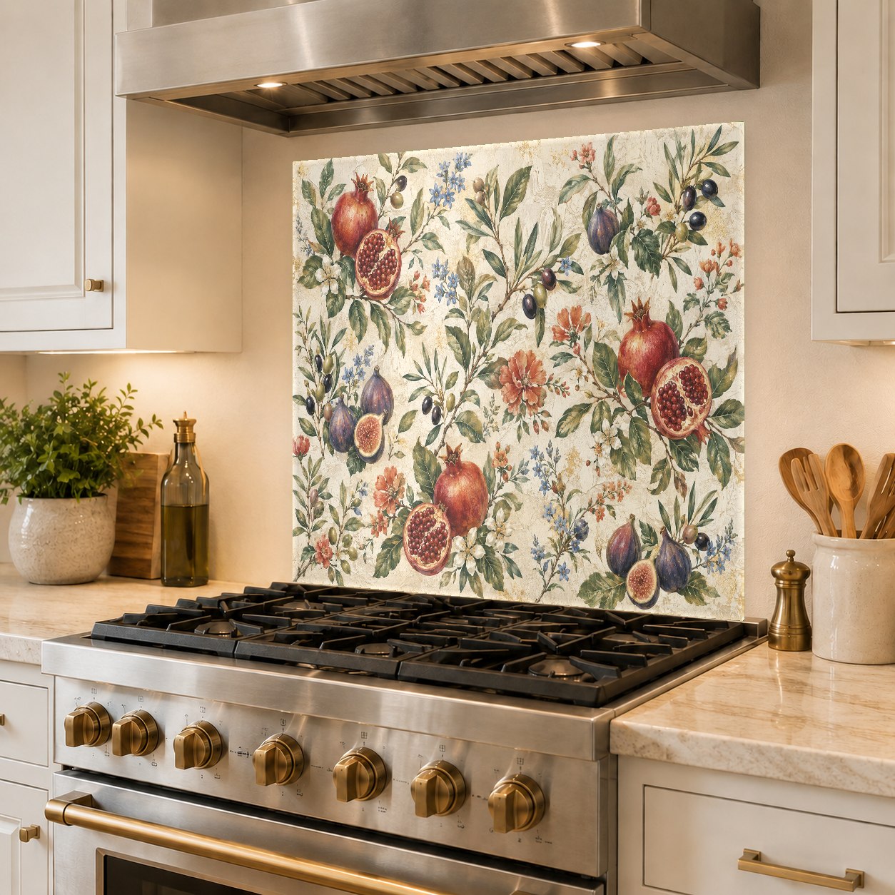 Durable tempered glass kitchen backsplash with pomegranate design installed over existing tile.