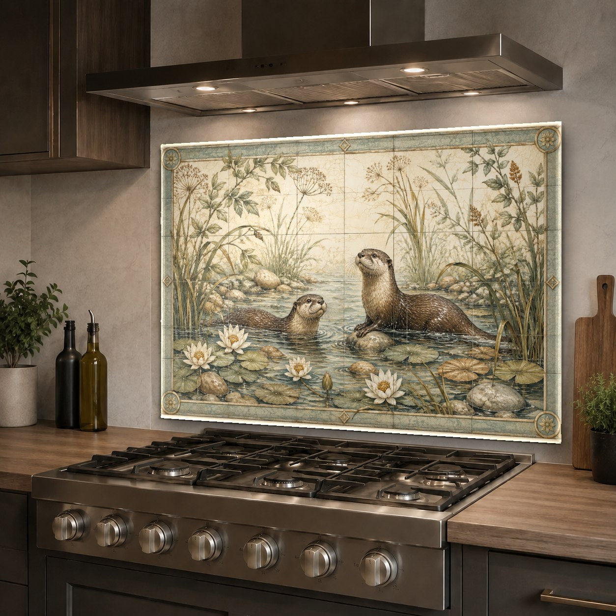 Easy-to-clean wild life glass kitchen backsplash panel installed over existing tiles behind a stove.