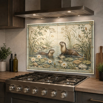 Easy-to-clean wild life glass kitchen backsplash panel installed over existing tiles behind a stove.