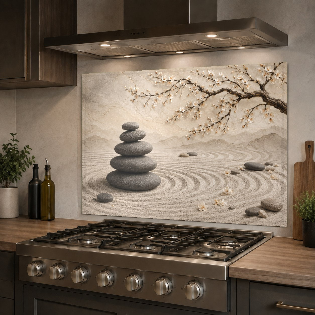 Hygienic and heat-resistant floral glass backsplash panel positioned behind a professional kitchen stove.