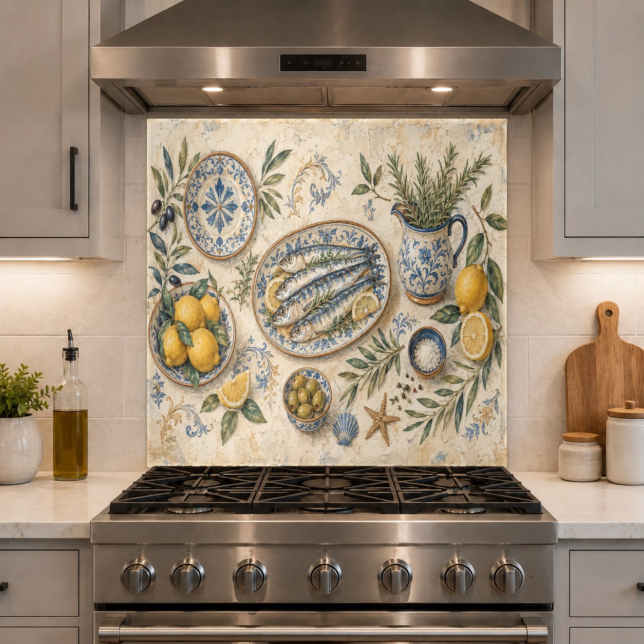 Stunning lemon and fish themed tempered glass kitchen backsplash panel in a coastal farmhouse kitchen setting.