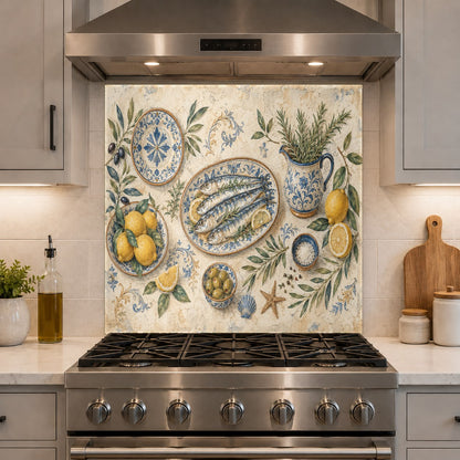 Stunning lemon and fish themed tempered glass kitchen backsplash panel in a coastal farmhouse kitchen setting.