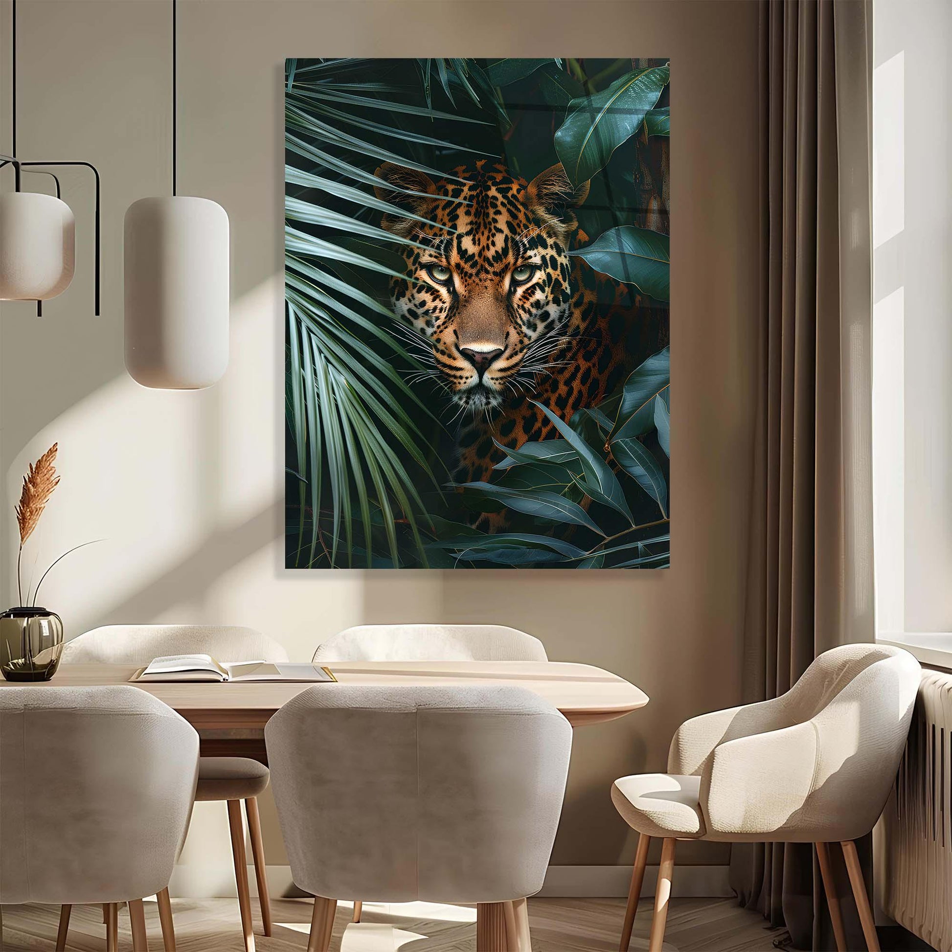 Dining room with a large canvas print of a leopard among leaves on the wall.