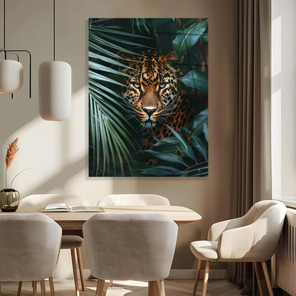 Dining room with a large canvas print of a leopard among leaves on the wall.