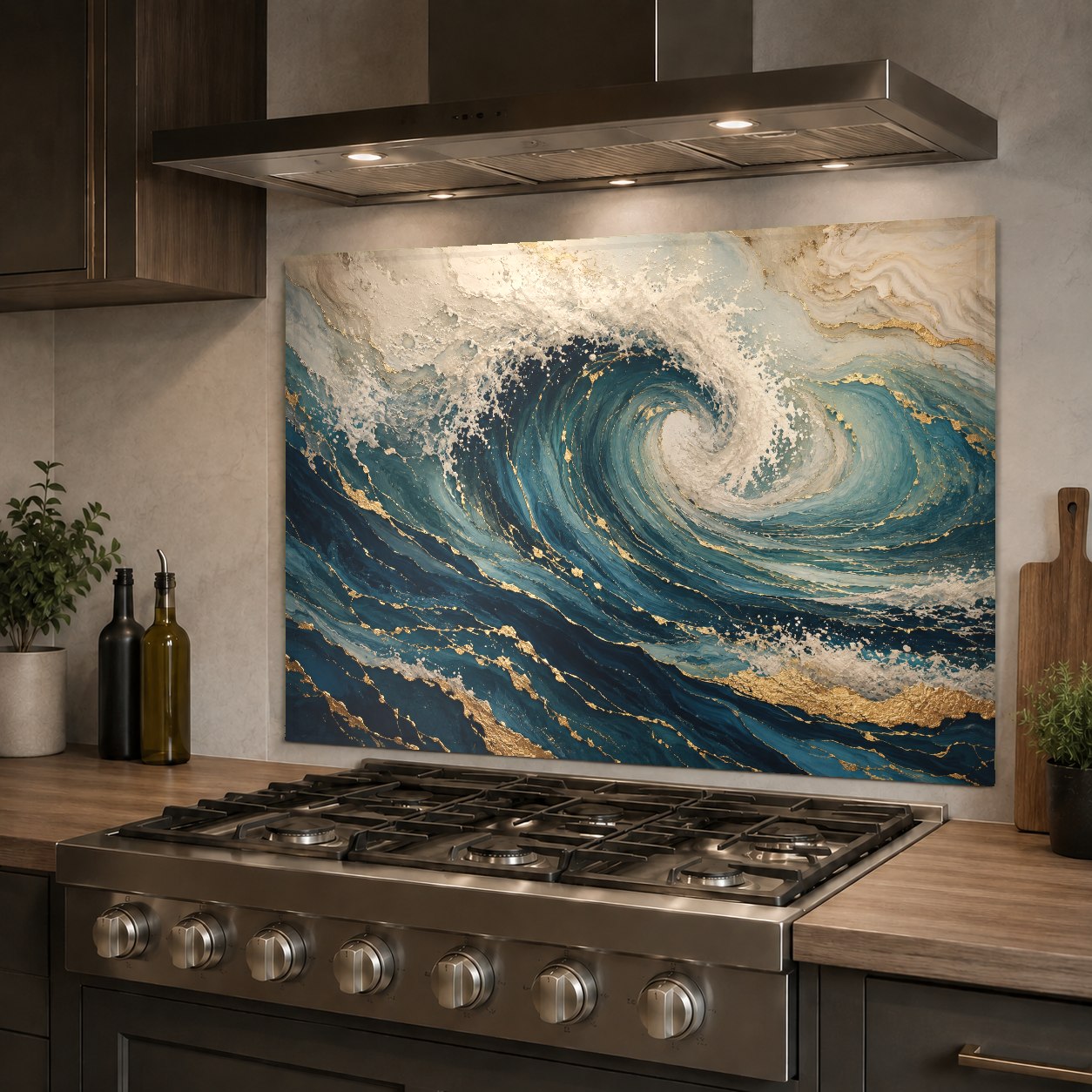 Vibrant teal ocean waves backsplash behind a kitchen sink, reflecting bright natural light.
