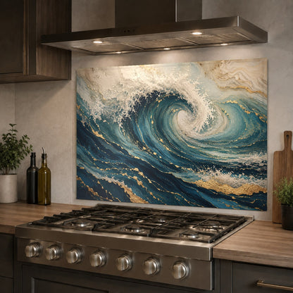 Vibrant teal ocean waves backsplash behind a kitchen sink, reflecting bright natural light.