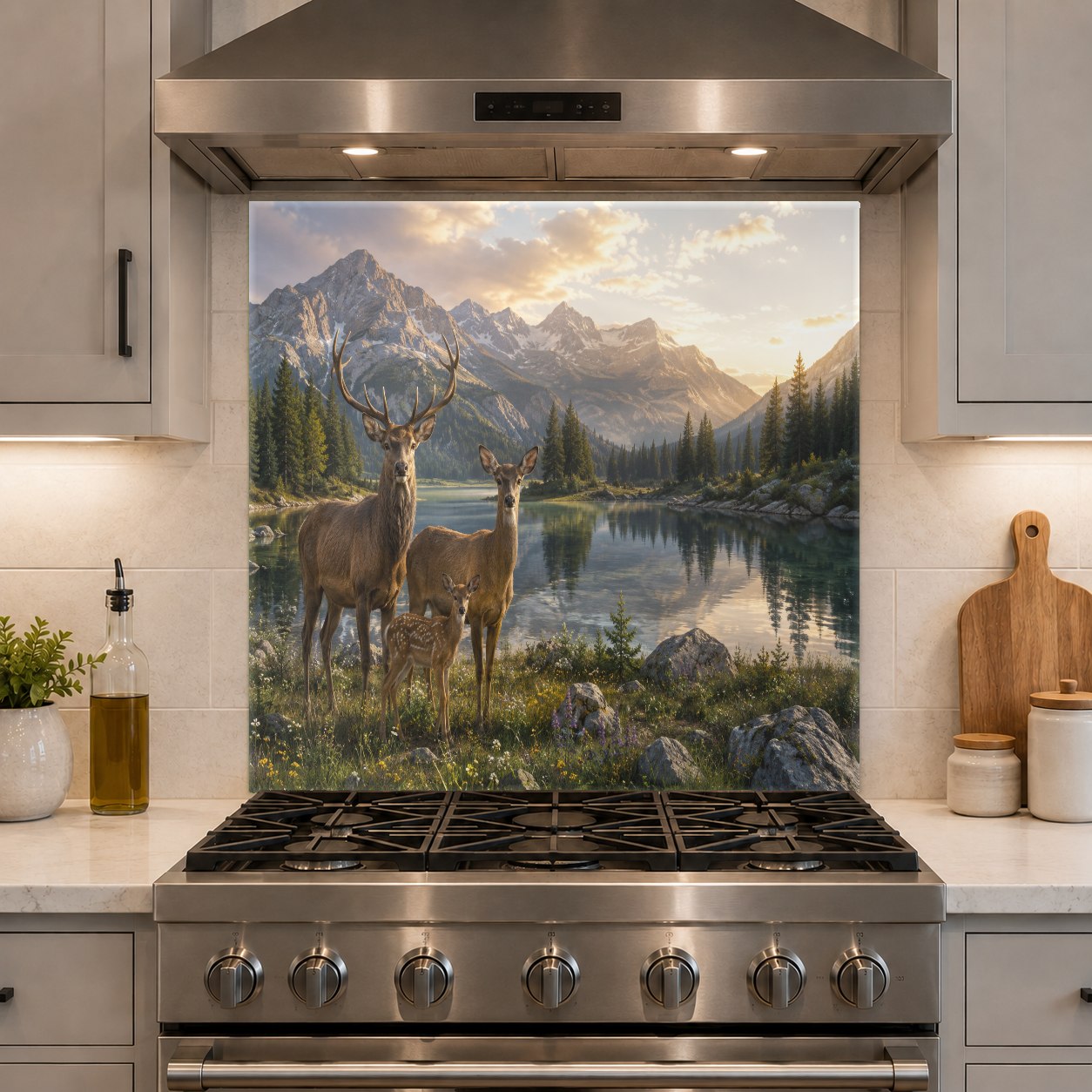 Close-up of the easy-to-clean tempered glass backsplash panel featuring a rustic deer family in a woodland clearing.