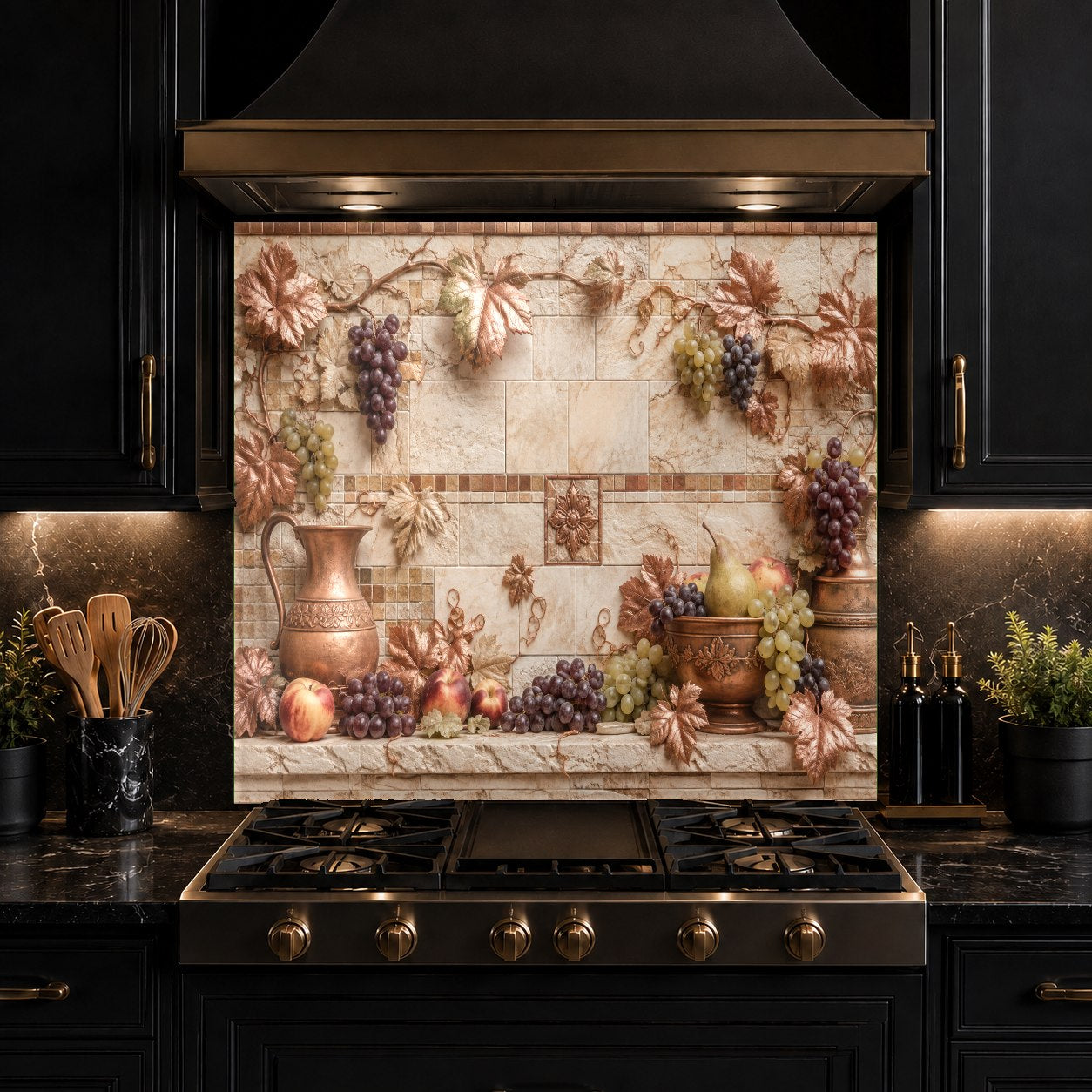 Durable and easy-to-clean Tuscan Copper tempered glass backsplash installed in a contemporary kitchen setting.