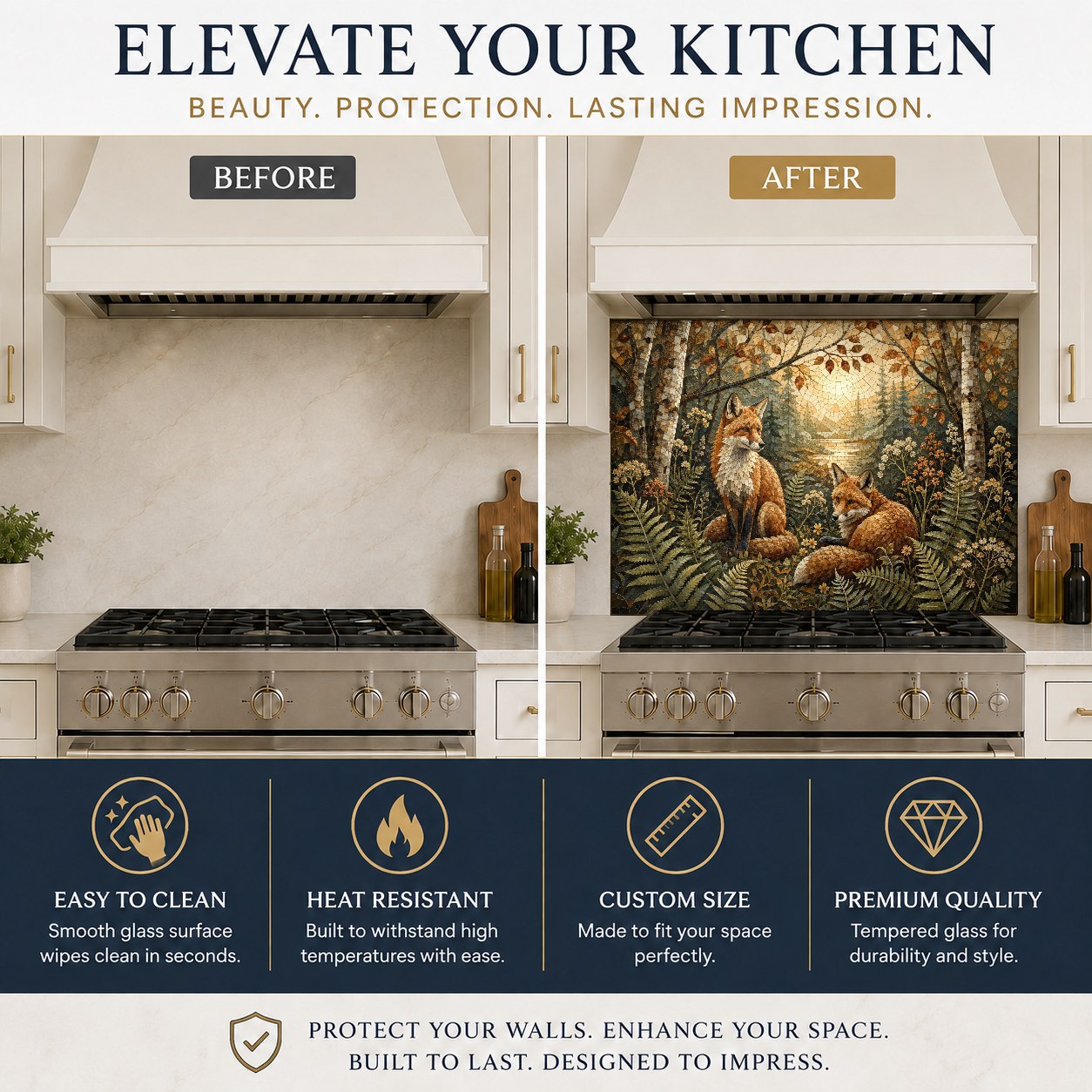 Close-up of a heat-resistant glass stove backsplash featuring a detailed red fox in a misty forest.