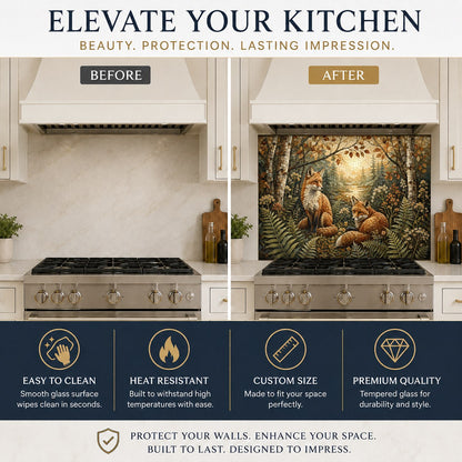 Close-up of a heat-resistant glass stove backsplash featuring a detailed red fox in a misty forest.