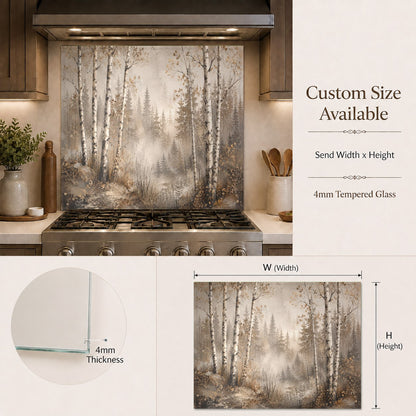 Tempered glass kitchen backsplash with Birch Mist tree pattern in bright kitchen