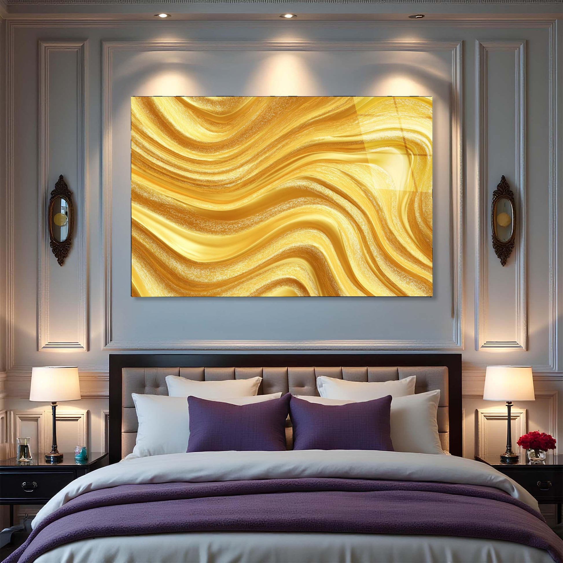 Gold abstract painting above a bed in a bedroom setting