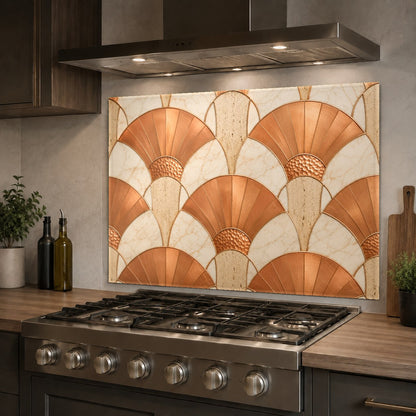 Contemporary home bar area styled with a rich copper and bronze abstract glass backsplash for a luxurious touch.