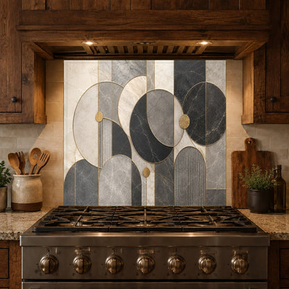 Stunning geometric kitchen backsplash panel accentuating a modern kitchen island and prep area.