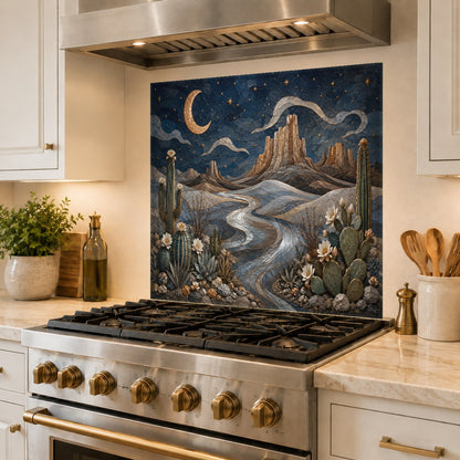 Seamless glass backsplash featuring a modern boho desert scene behind a professional grade stove top.