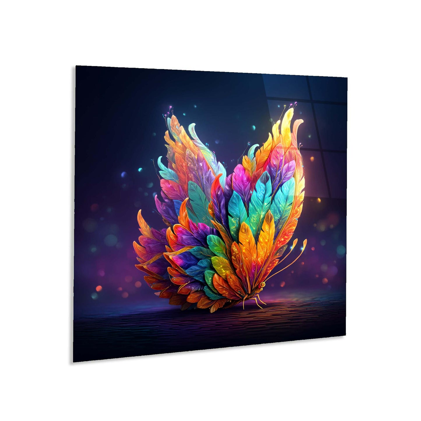 Colorful feather-like design on a dark background