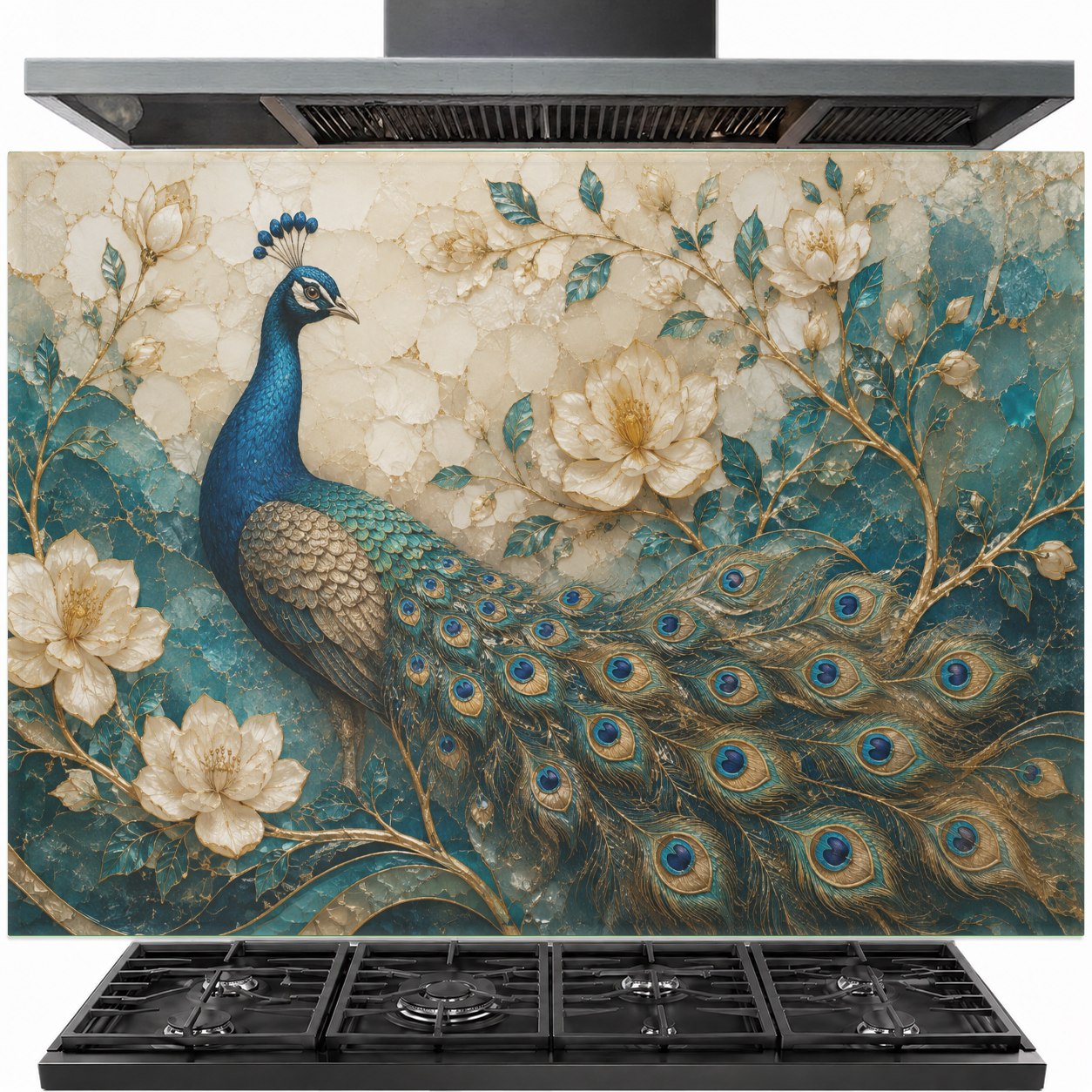 Peacock Elegance tempered glass backsplash installed behind a modern gas stove in a luxury kitchen.