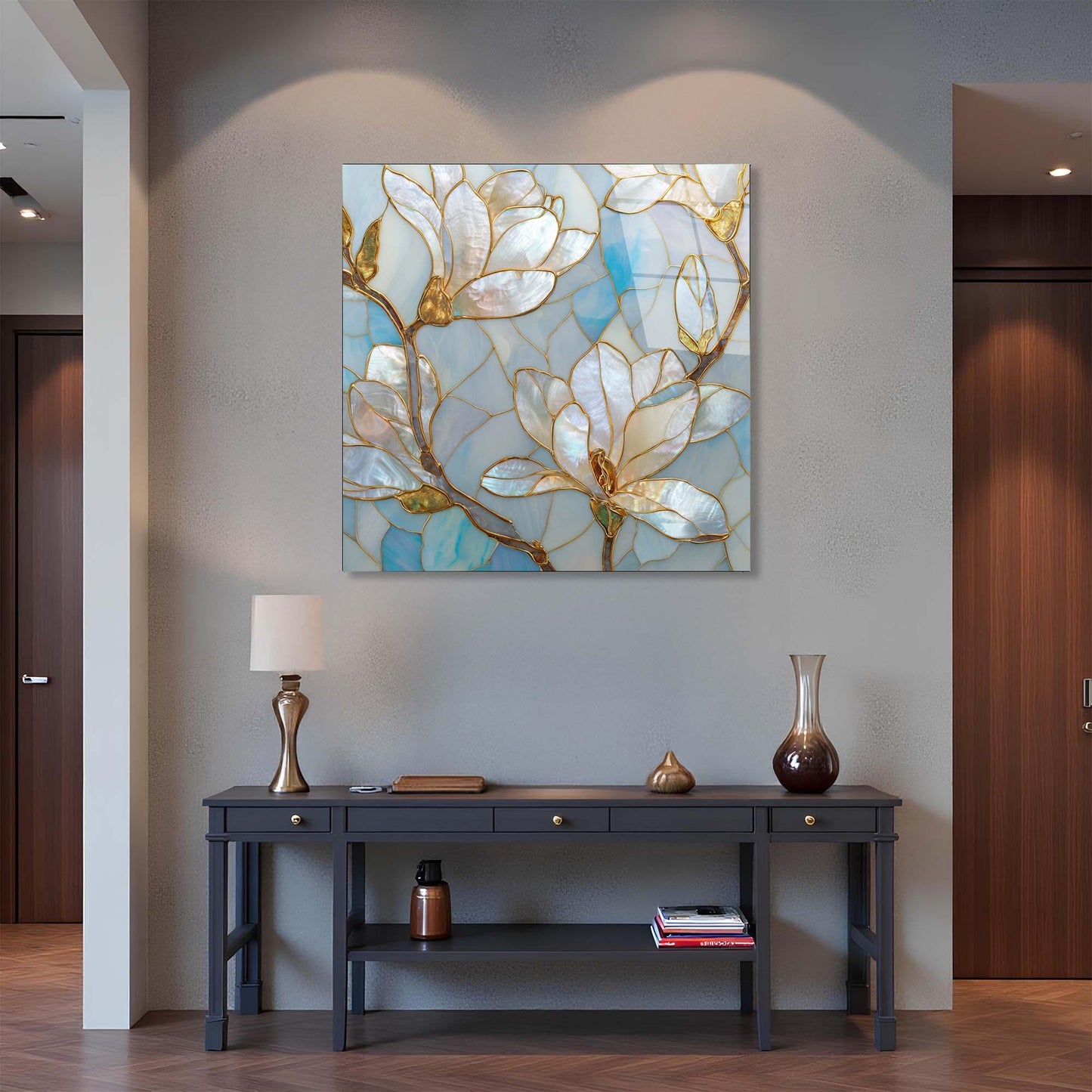 Decorative floral painting on a wall above a console table with a lamp and vases.