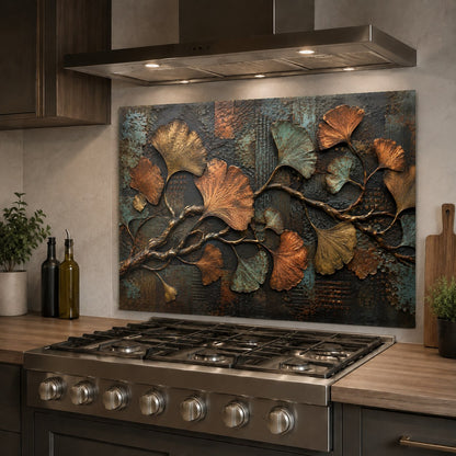 Luxury metallic glass backsplash featuring ginkgo leaves above a kitchen sink wall