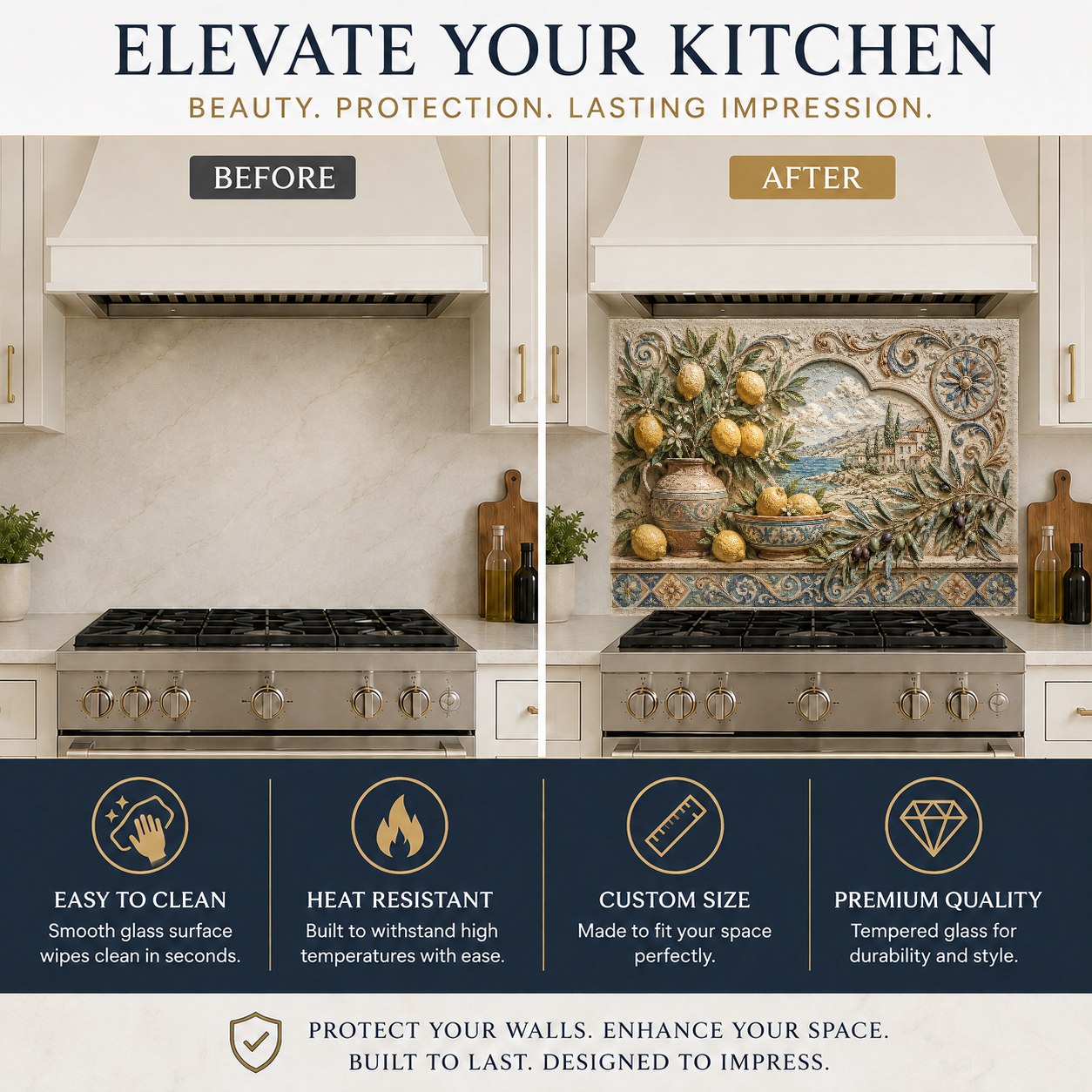 Custom glass backsplash featuring olive branches in kitchen island prep area