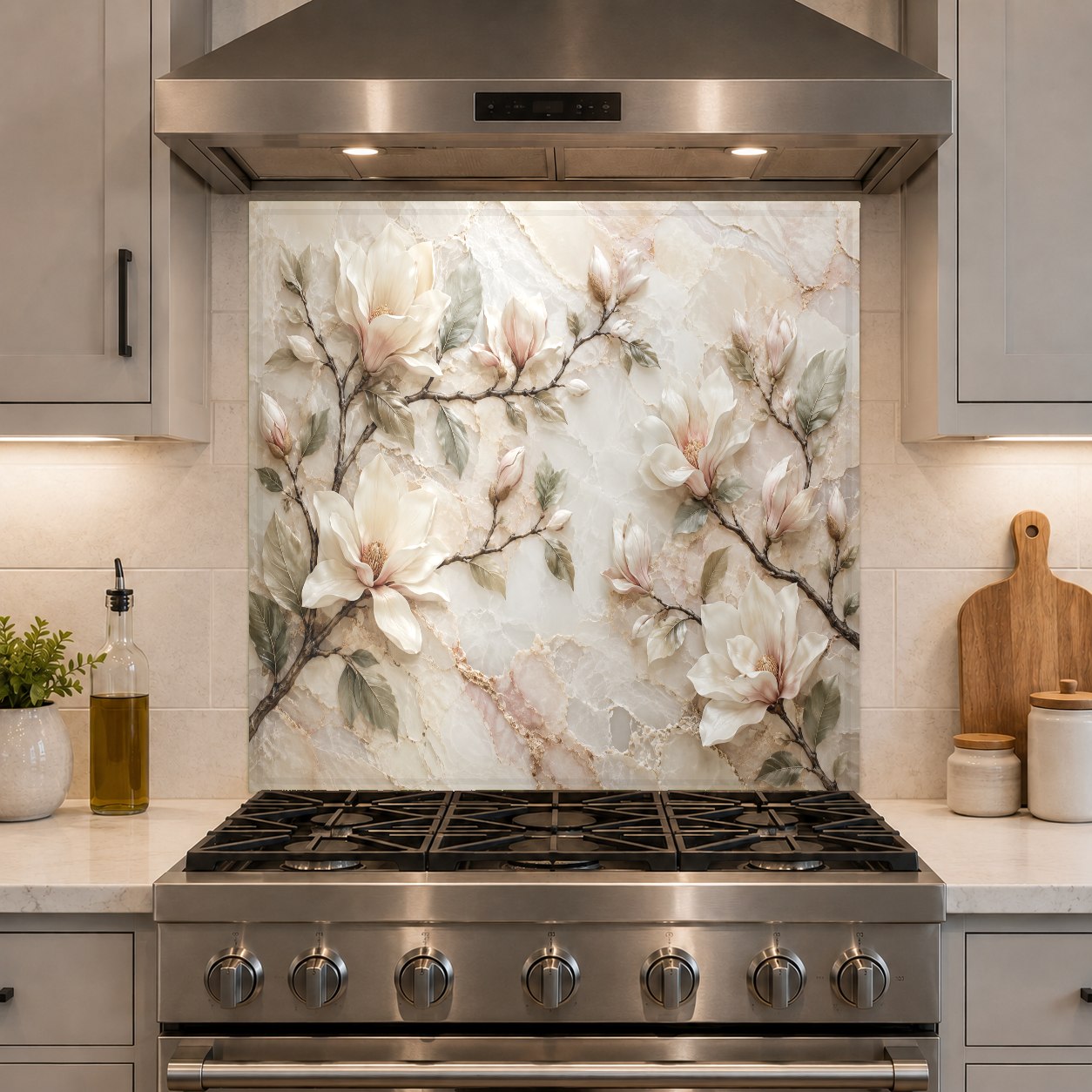Custom tempered glass backsplash panel in a high-end kitchen bar area