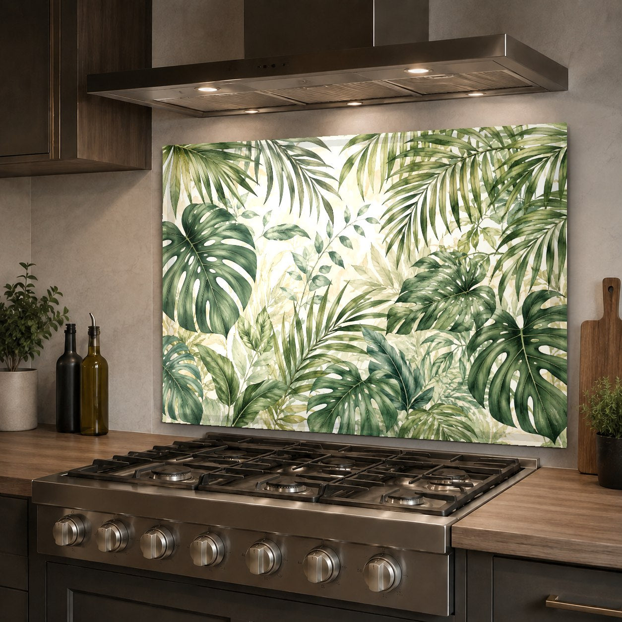 Close-up of the easy-to-clean Tropical Canopy glass stove guard showing heat-resistant tempered glass texture.
