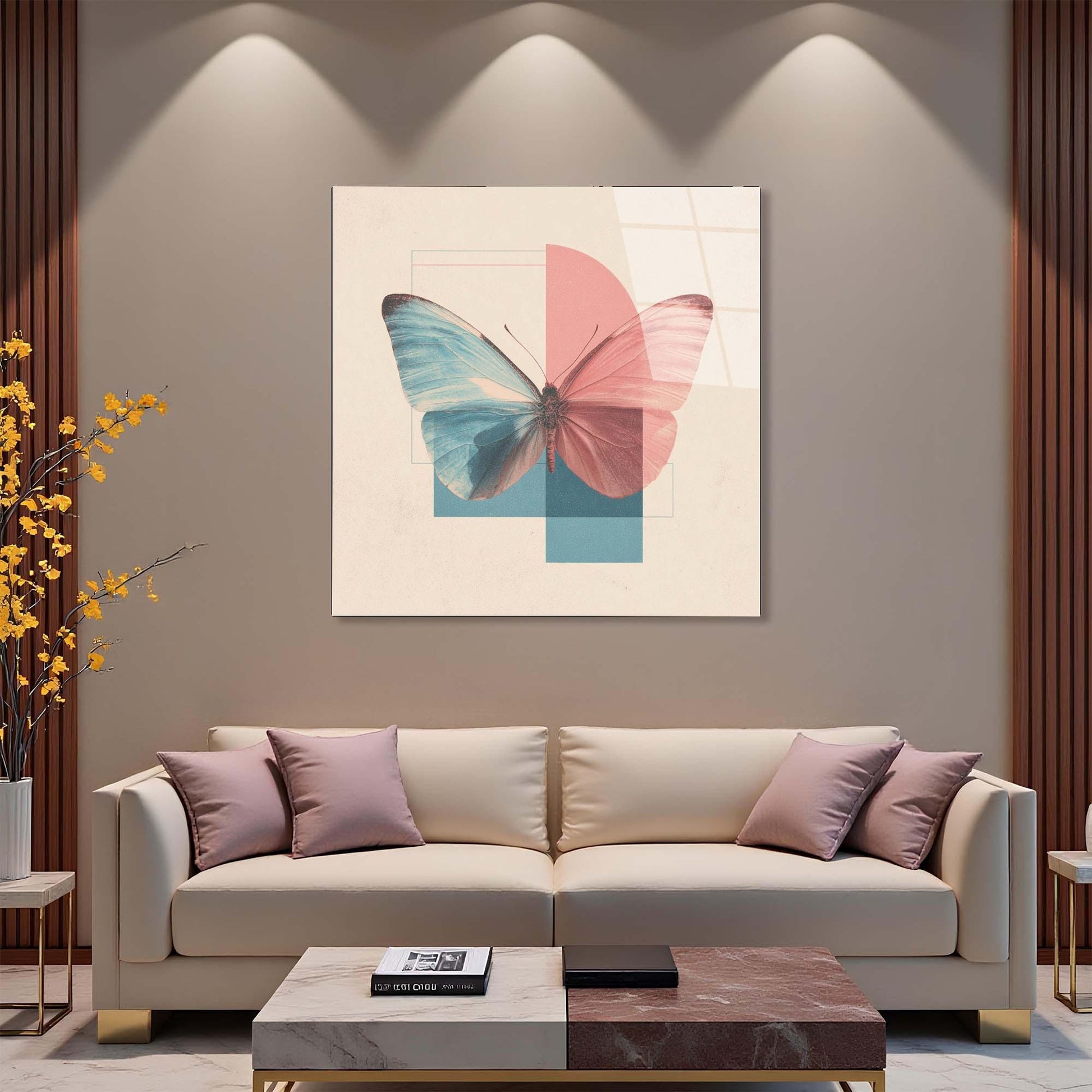 Modern living room with a beige sofa, coffee table, and butterfly artwork on the wall.