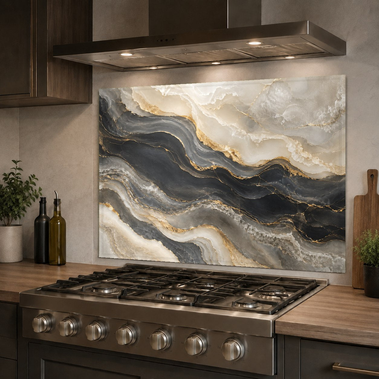 Golden Onyx glass backsplash panel protecting the kitchen sink wall