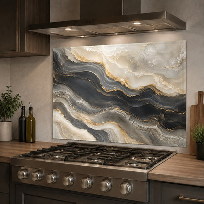 Golden Onyx glass backsplash panel protecting the kitchen sink wall