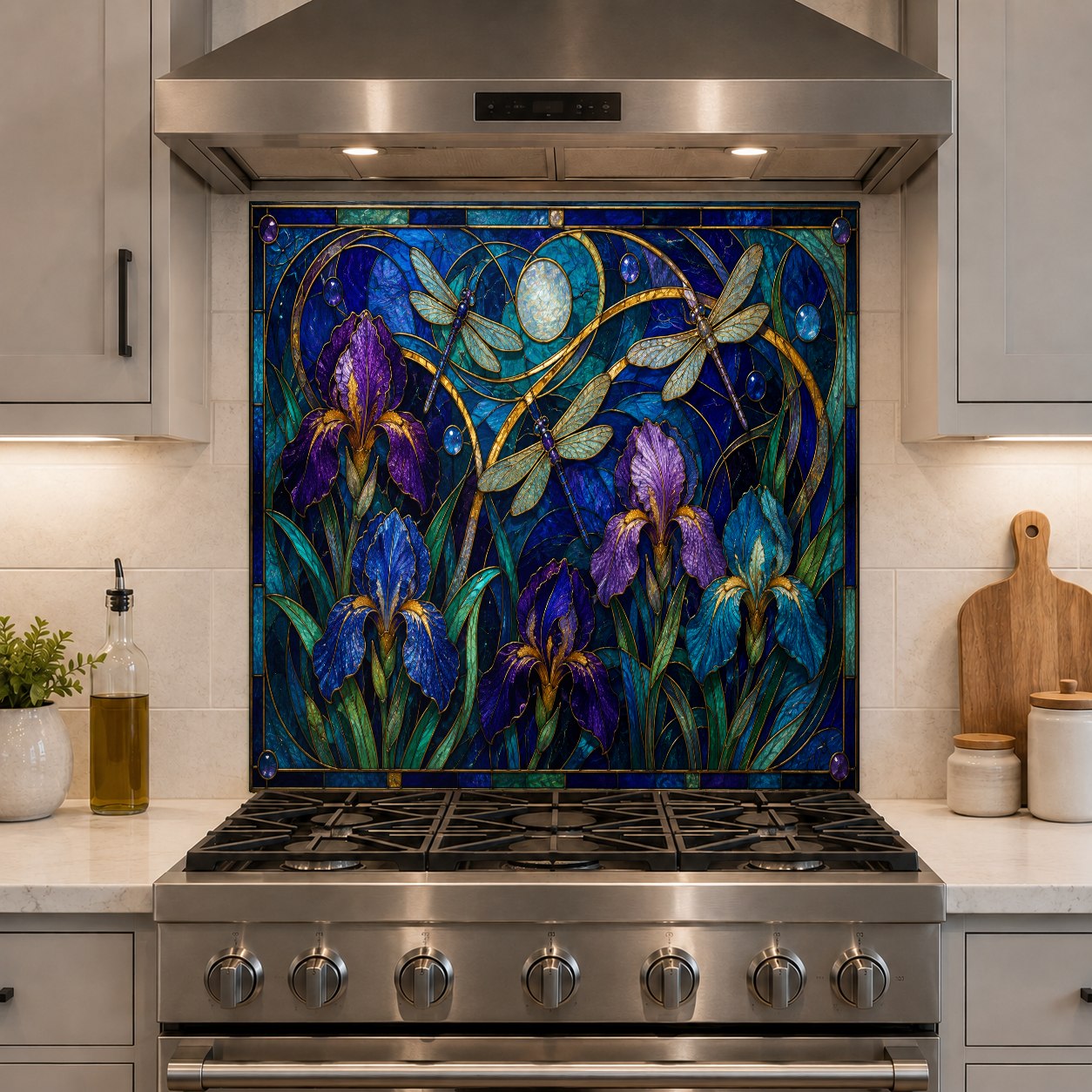 Hygienic and easy-to-clean glass backsplash with floral iris design in a contemporary kitchen space.