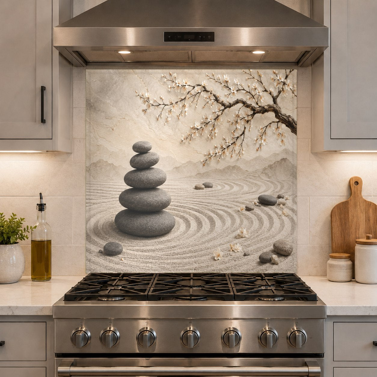 High-gloss floral glass backsplash panel enhancing a modern kitchen's stove area with a clean look.