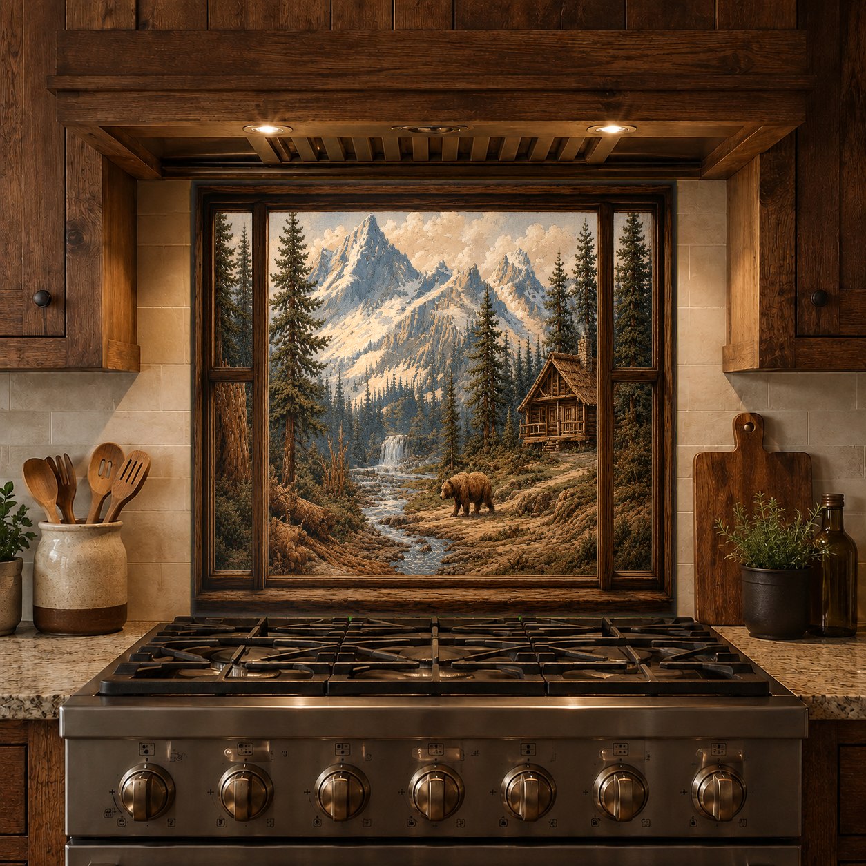 Modern kitchen featuring a majestic mountain bear glass backsplash panel