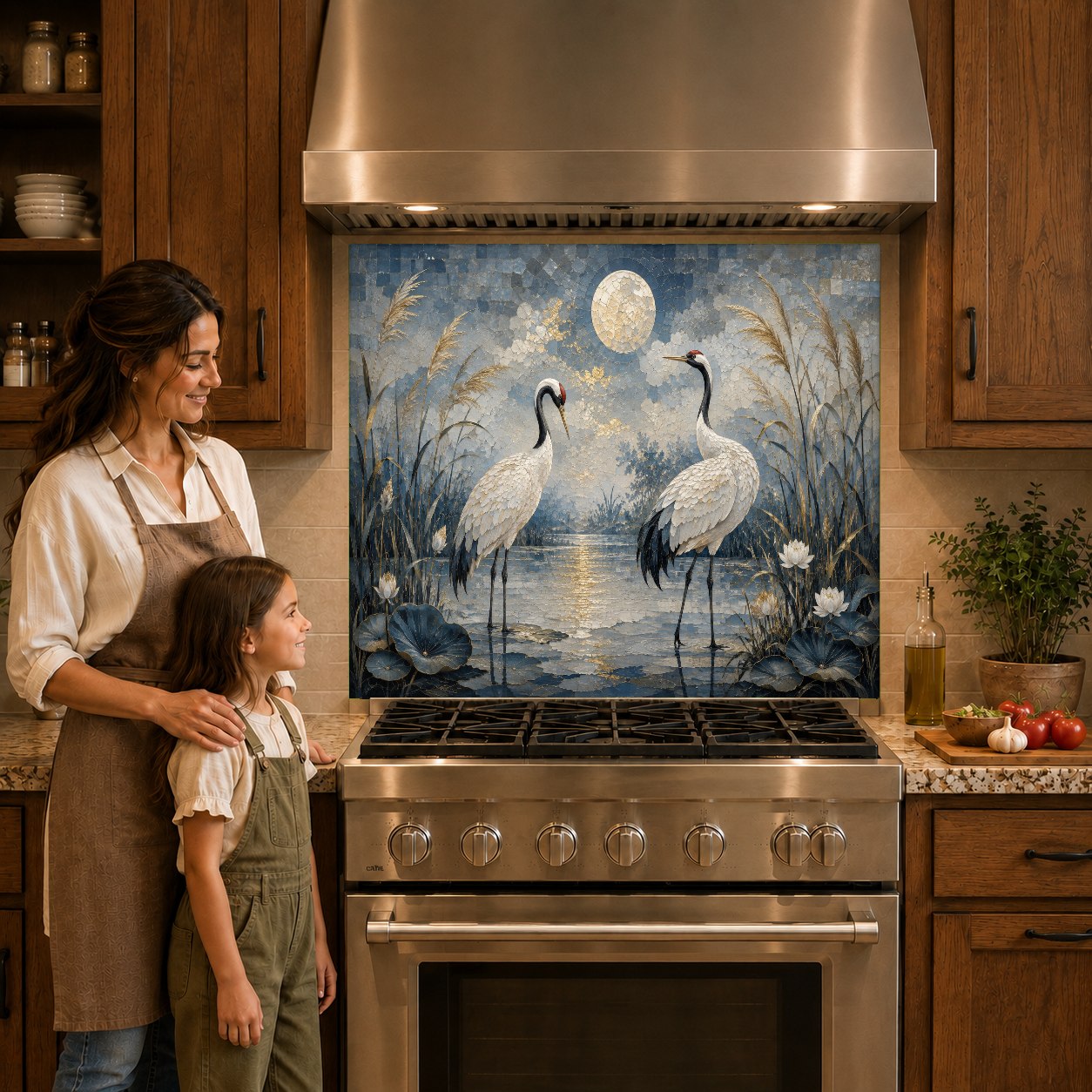 Elegant Japanese zen style glass backsplash panel showcasing white cranes and a golden moon behind a cooktop.