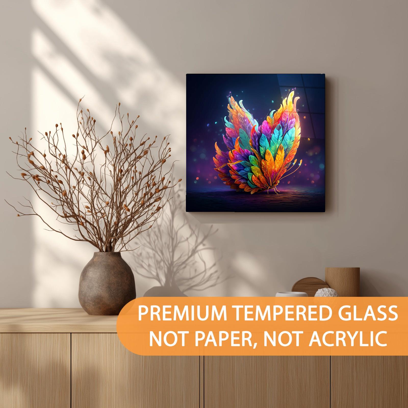 Colorful abstract painting on a wall above a wooden shelf with decorative items.