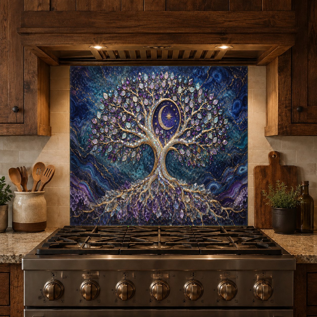 Easy-to-clean cosmic tree tempered glass backsplash serving as a durable splash guard behind a kitchen sink.