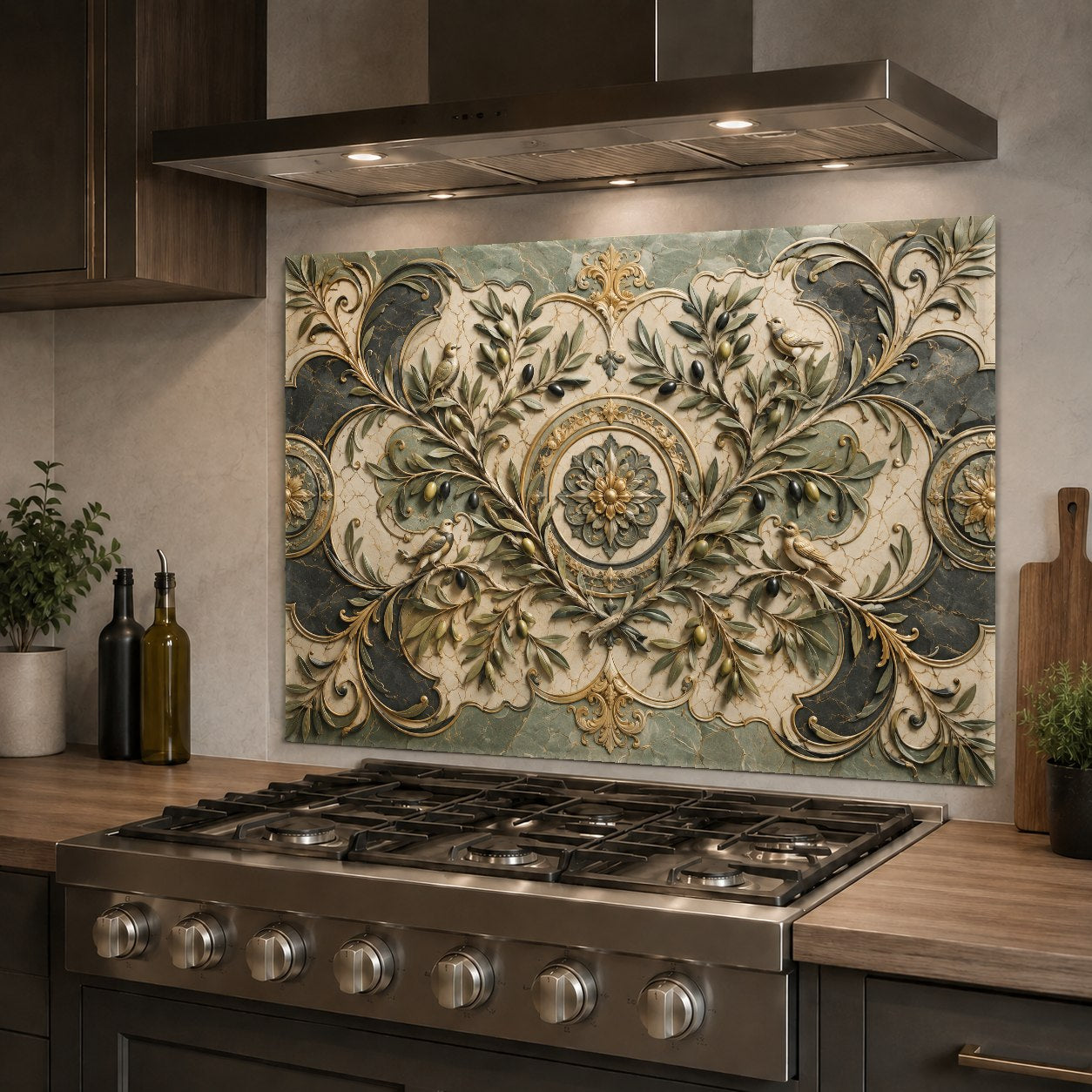 Hygienic and heat-resistant glass kitchen backsplash with green olive branch print behind a sleek induction stove.